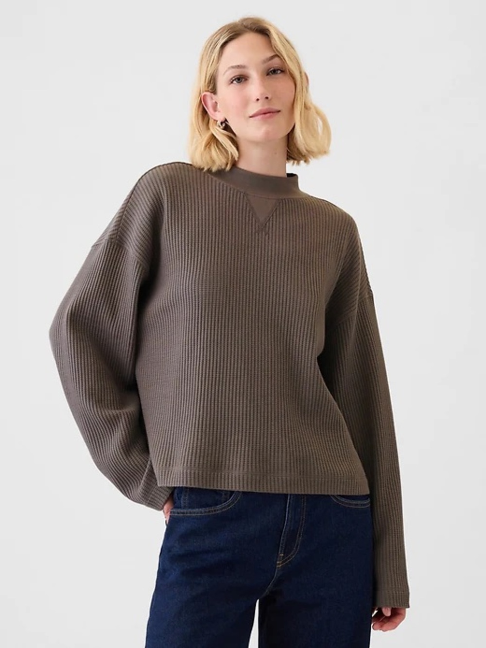 GAP Oversized Mockneck Waffle T-Shirt Brown Size XSmall